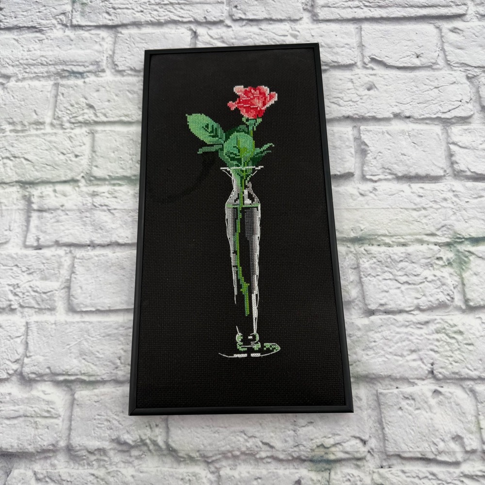 Handmade Rose Cross Stitch Wall Hanging Black Framed Floral Art 8.5x16